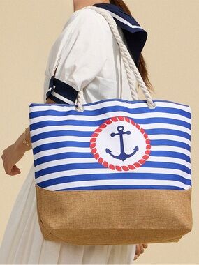 Nautical Stripe Anchor Tote Bag - Blue/White